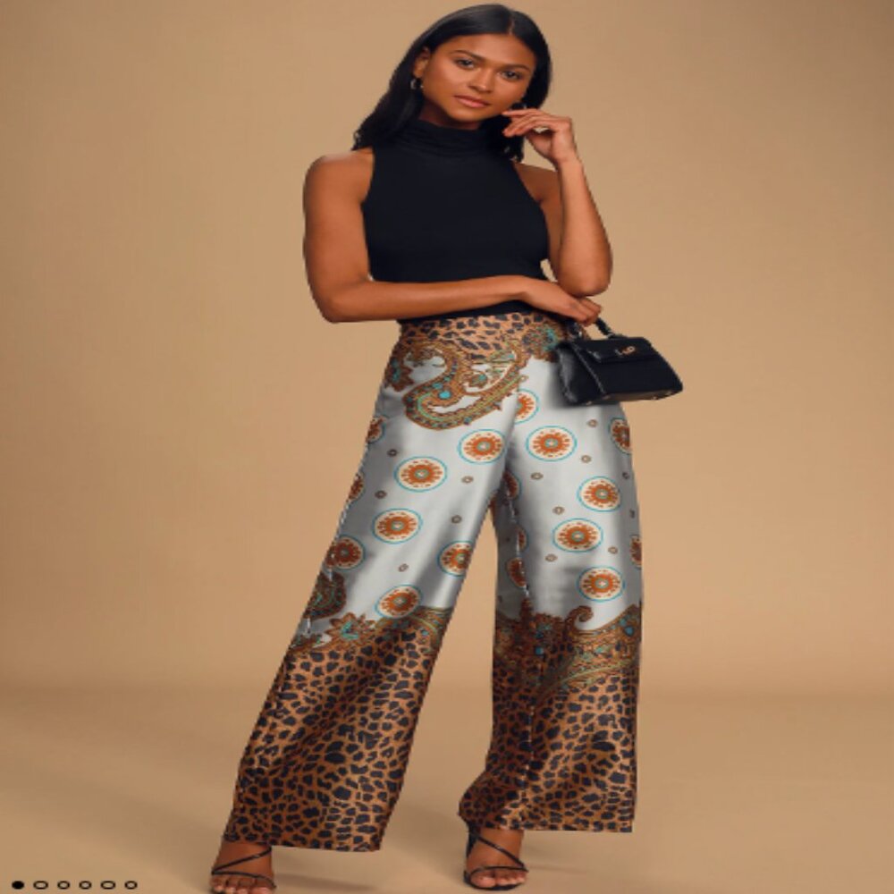 Island Getaway Blue Multi Scarf Print Satin Wide-Leg Pants